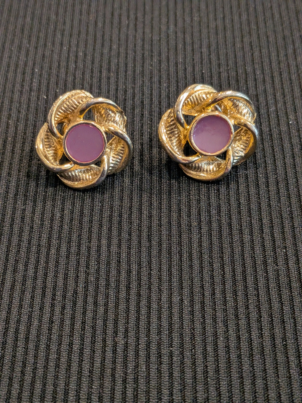 B#4:Coro Vintage 1970-1980s Gold Tone Floral Knot Earrings with Purple Center